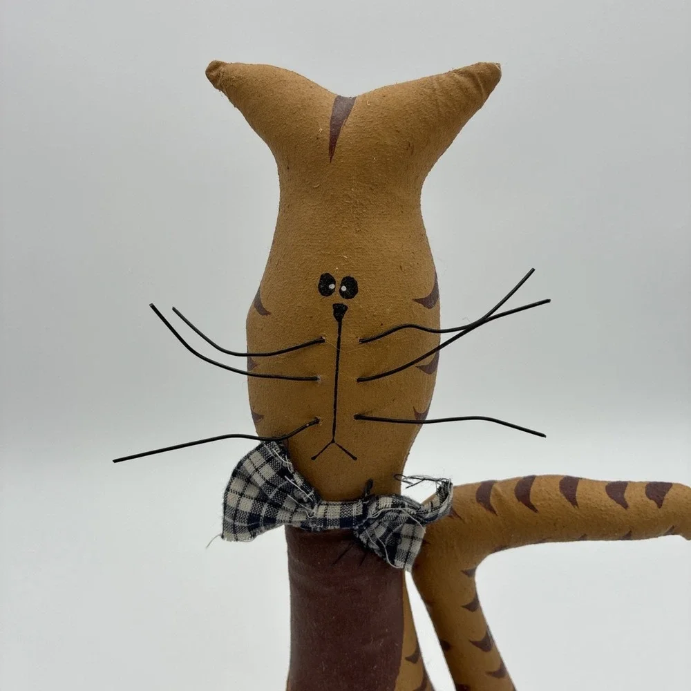 Primitive Folk Art Fabric Cat Figurine Rustic Farmhouse Decor Gingham Bow 14